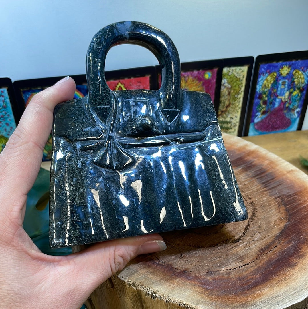 Moss Agate Handbag Carving